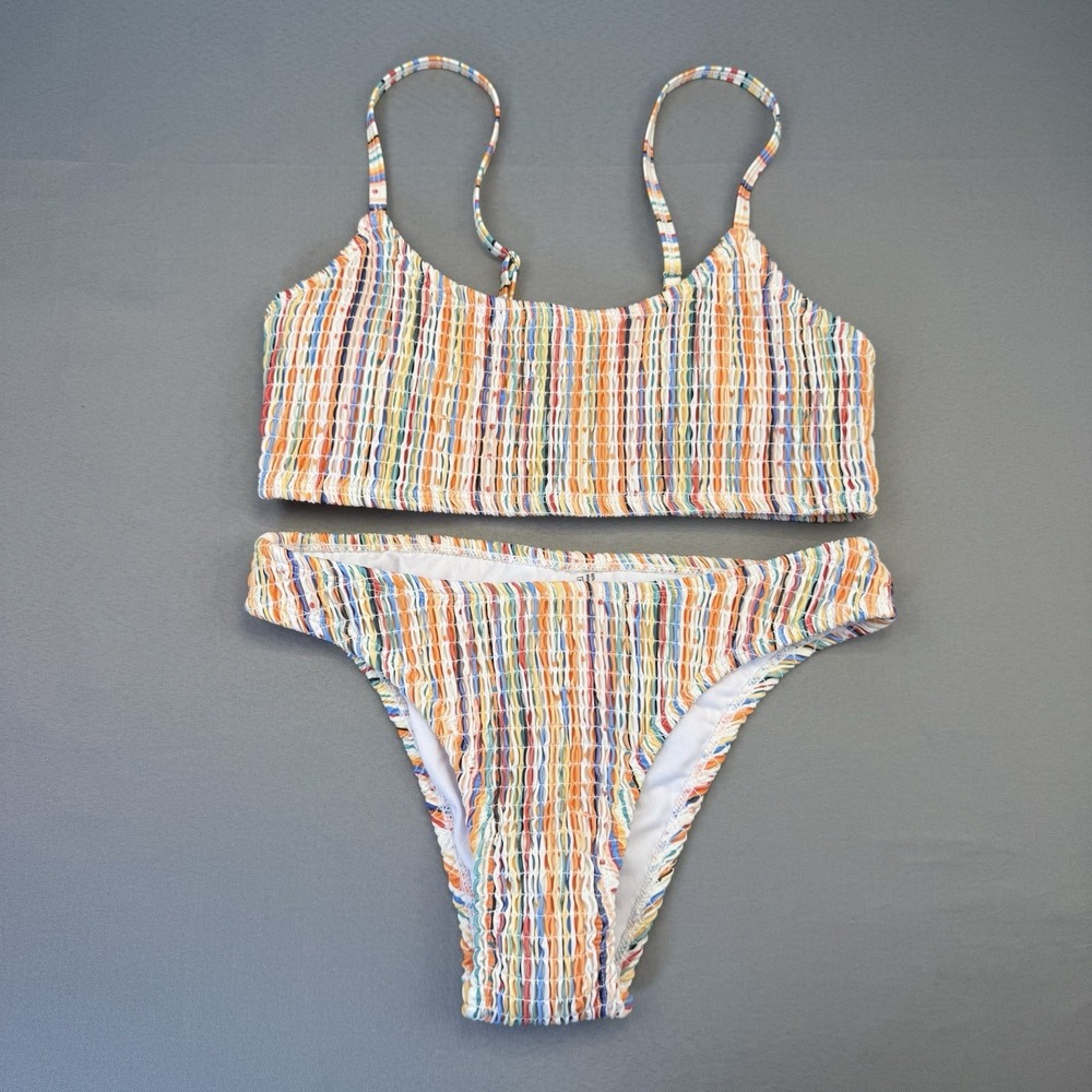 Women's Bikini Swimsuit Rainbow Colors‎ Smocking Elastic Size Small NWOT!